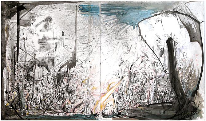 Untitled (diptych), 2009
28 x 52 inches
Pen, ink, xerox transfer on paper