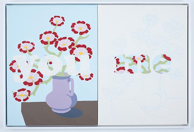 You/Me, 2009.
Silkscreen, acrylic on canvas, 24 x 36 inches.