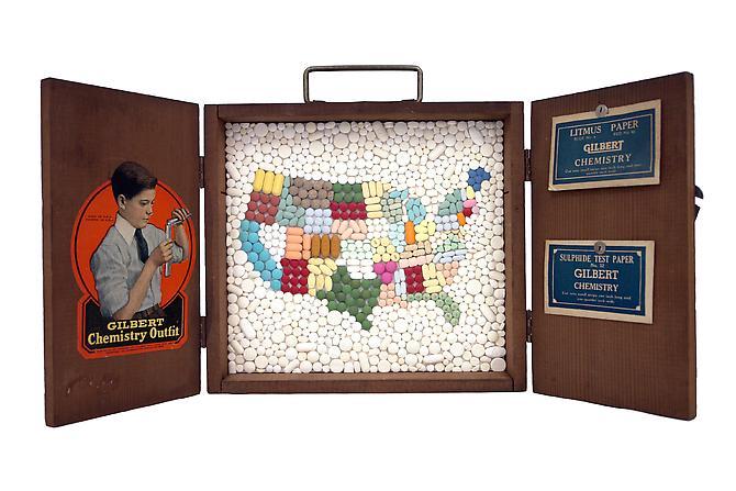 John Salvest, Better Living Through Chemistry (2012)
Wood, Steel, Paper, Various Pharmaceuticals
10.5h x 18w x 6d in (26.67h x 45.72w x 15.24d cm)