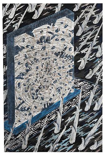 Andrew Schoultz, Reclamation, Oil, and Water (2011)
Acrylic, Collage, Metal Flake,  Gouache On Paper Mounted On Board
72h x 48w in (182.88h x 121.92w cm)