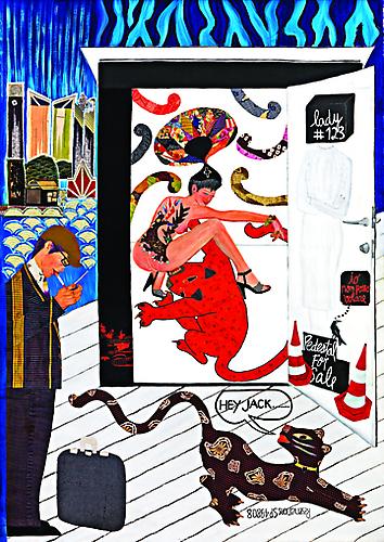 Hey Jack, 2007
acrylic and vintage silks on canvas
118 x 83 inches