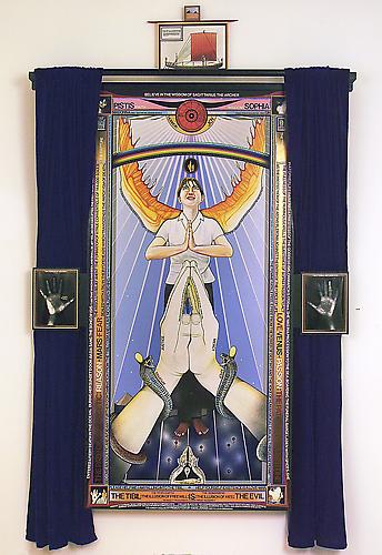  PISTIS SOPHIA, 2004-2006 
Oil, acrylic, vinyl lettering, India ink, photo-collage on linen canvas, velvet drapes, 
magic mirror (two way mirror with electrical components), 104 x 59 ¾ x 6 ½ in. 
 Price upon request  |   View More  ➤ 