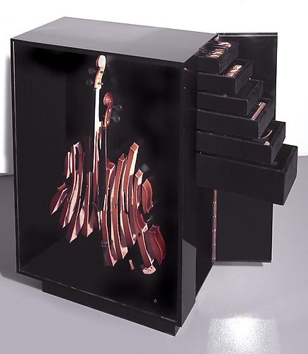  ARMAN
Violon Ménagère, 1973 
Gold plated silver tableware in Plexiglas box with sliced wood violin, comprising 116 pieces including 8 service pieces, Case: 35 x 22 x 11.5 in., Editioned in 1973, number 94 from an edition of 99
  View More  ➤ 