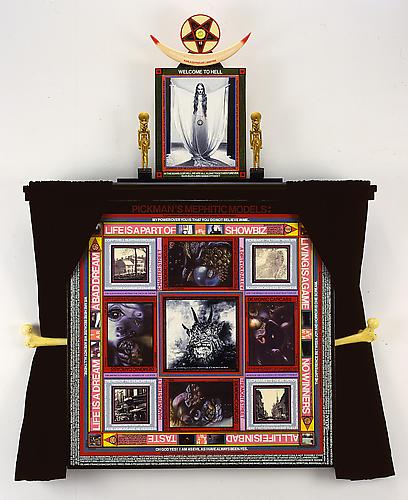  PICKMAN'S MEPHITIC MODEL, 2004 
Oil and acrylic paint, vinyl lettering on canvas, 
India ink, photo-collage, velvet drapes, human thigh bones, on linen canvas, 68 x 52 in.
 Price upon request  |   View More  ➤ 