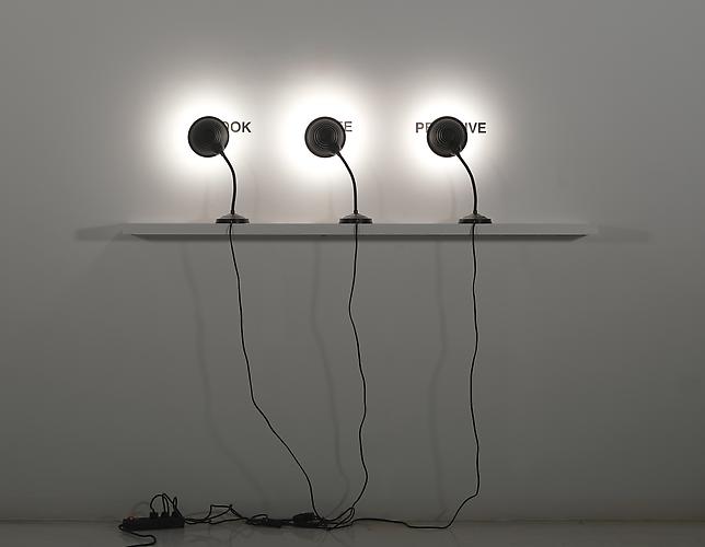  Look/See/Perceive (Mirar/Ver/Perciber) , 2009
Desk lamps and cut vinyl graphics, 19 ½ x 71 x 8 ½ in., edition of 6
  View Description  ➤ 