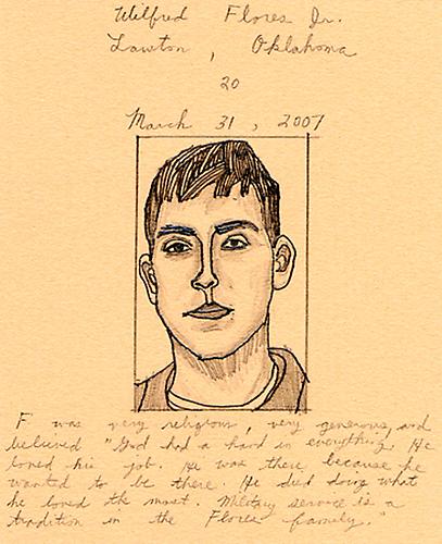  Wilfred Flores, Jr. Lawton, Oklahoma, March 31, 2007 
Detail from:  American Servicemen and Women Who Have Died in Iraq and Afghanistan
(but Not Including the Wounded, nor the Iraqis nor the Afghans) 
2004 to the present, pencil on color coded vellum, 4 x 3 in.
  View More  ➤ 