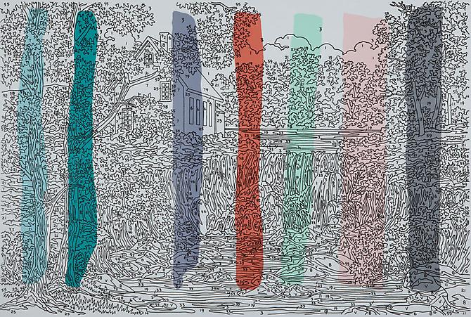 Trey Speegle
Abstract Waterfall (vertical colors), 2012.
Silkscreen, housepaint on canvas, 24 x 36 inches.