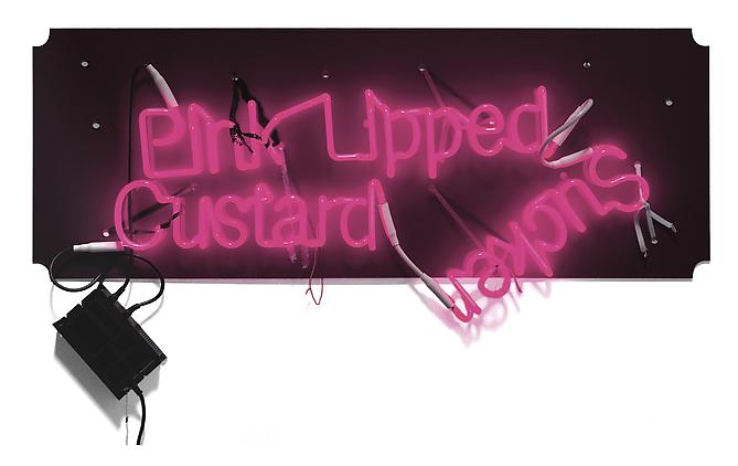 Jason Rhoades
Pink Lipped Custard Sucker, 2003.
Neon mounted on dark red translucent Plexiglas with wire, string, lace and transformer, 25 1/4 x 43 3/4 x 2 inches.