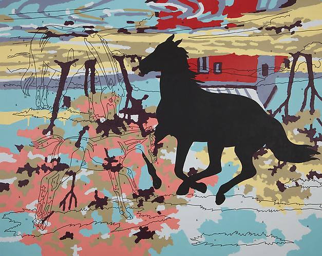 Trey Speegle
Leave a Mark (barn), 2012.
Silkscreen, housepaint on canvas, 48 x 60 inches.