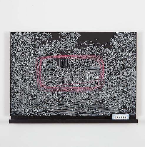 Trey Speegle
Abstract Waterfall (Chalkboard), 2012.
Silkscreen on chalkboard, chalk trey, eraser, 24 x 36 inches.
Edition of 2 + 1AP.