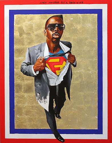 Fahamu Pecou, is the Shit!
Nunna My Heros: After Barkley Hendricks' Icon for my Man Superman 1969, 2011.
Acrylic, Gold Leaf, Oil Stick on Canvas, 63 x 49 inches.