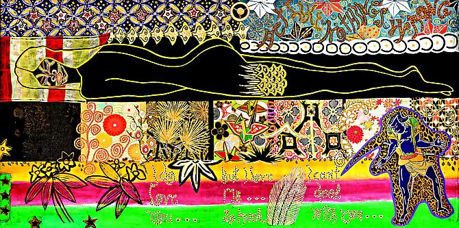 Solitude, 2008
acrylic and vintage silks on canvas
52 x 103 inches