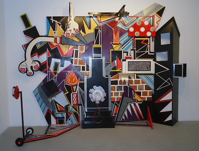 Michelle Carollo
Steampunk Davis, 2012.
Wood, paint, tape, marker, foam, flashing, chain and found objects on Luan, 114 x 153 x 43 inches.
This project is supported in part with funds from the Strategic Opportunity Stipends Program through NYFA and NYSCA, administered in Region by East End Arts Council.