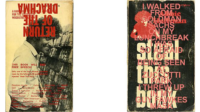 Left
 RETURN OF THE DRACHMA, 2012 
Archival inkjet prints on Hahnemule Fine Art photo rag paper, 17 x 14 1⁄4 in.

Right
 STEAL THIS BOOK, 2012 
Archival inkjet prints on Hahnemule Fine Art photo rag paper, 17 x 14 1⁄4 in.