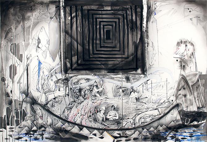 The Reel, 2011
Pen, ink, xerox transfer, gesso, on paper
30 x 40 inches