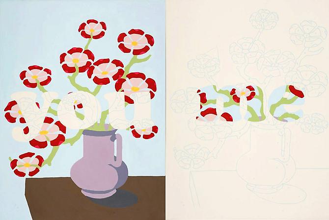 You and Me, 2009.
Silkscreen, acrylic on canvas, 24 x 36 inches.