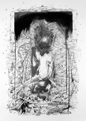 My Breath is a Killer's Ladder, 2008
Pen, ink, xerox transfer on paper
30 x 22 inches