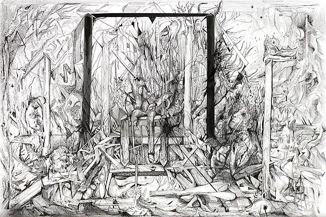 The Knives of Nature, 2009
Pen, ink, xerox transfer on paper
15 x 22 inches