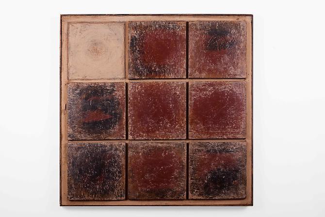 Eight of Nine 1964
Acrylic and sealant on 8 wooden tiles on earth compound on burlap
38 x 38 in / 96.5 x 96.5 cm