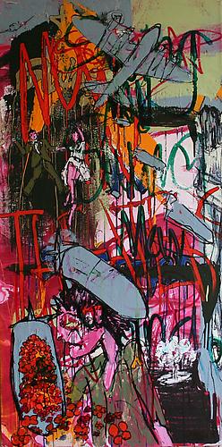  BOMB FACTORY GIRL , 2011
Enamel, acrylic latex and ink on canvas
52 x 26 inches