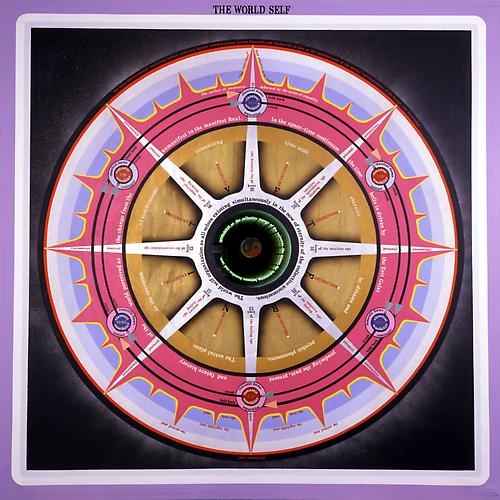  PAUL LAFFOLEY
The World Self, 1967 
Oil and acrylic on canvas and vinyl lettering with a magic mirror
61 ½ x 61 3/8 in.