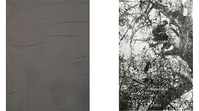 Left
 TONIGHT DICK GREGORY, 2012 
Archival inkjet prints on Hahnemule Fine Art photo rag paper, 36 x 28 in.
 Price upon request 

Right
 SUBURBS OF KNOWLEDGE, 2012 
Archival inkjet prints on Hahnemule Fine Art photo rag paper, 36 x 25 1⁄4 in.
 Price upon request 