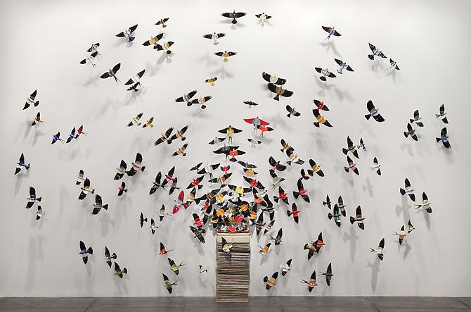 Paul Villinski, Diaspora (2010)
Vintage Vinyl Records, Turntable, Record Covers, Wire
8h x 14w ft  (243h x 426w cm)