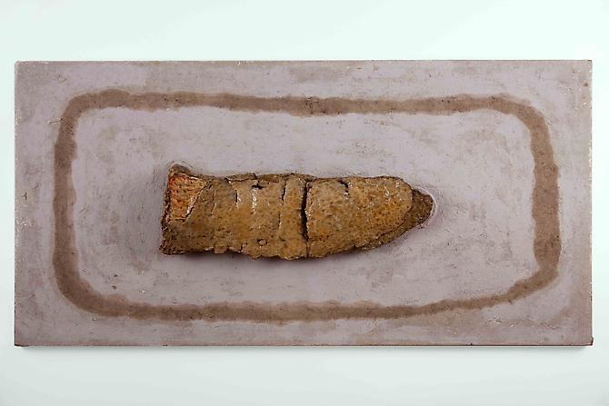 Sangok Bread 1960's
Persian bread with sealant with mixed media earth compound on burlap
37 x 73 x 1/3 in / 94 x 185.4 x 85 cm