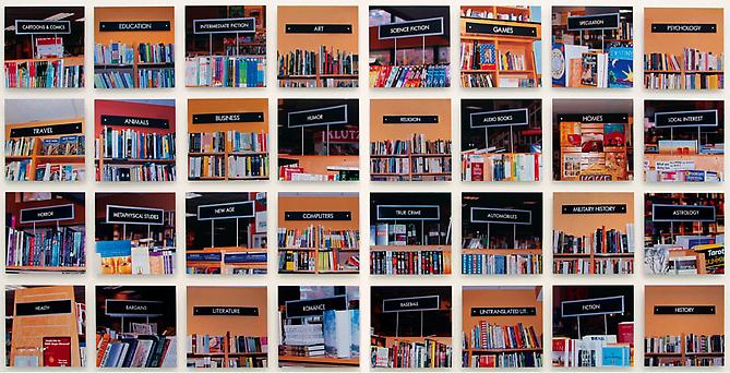  MUNTADAS
On Translation: The Bookstore, 2001 
Thirty-two Cibachrome prints mounted on aluminum, overall: 58 x 118 in., each: 13 x 13 in., edition of 9
Published by Galería Moisés Pérez de Albéniz, Pamplona, Spain
  View More  ➤ 