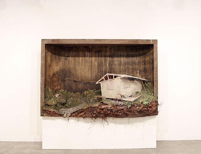 Retreat, 2009
Urethane foam, polystyrene, polyvinyl chloride, masonite, cardboard, wood, glue, roots, stain, enamel and fluorescent lights
72 x 97.5 x 44 inches