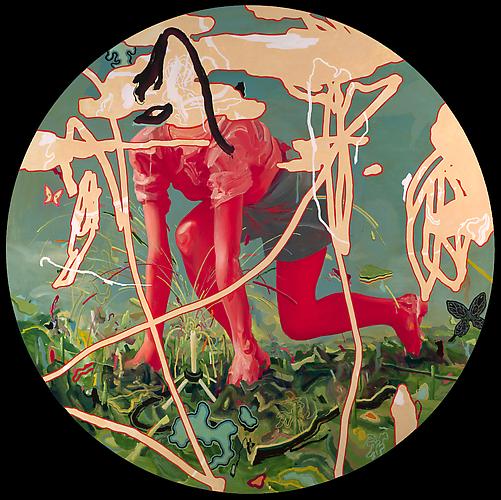 Sprinkler, 2011
 Acrylic and oil on canvas mounted on panel 
72 inch diameter 
