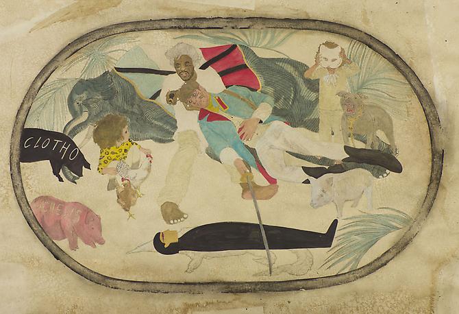 Clotho, Lachesis, Atropos.
The Death of Bellerophon ( An Education)
 (2012)
Acrylic, Ink, Coffee, Tea On Paper
30h x 44w in (76.2h x 111.76w cm)