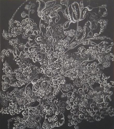 Kysa Johnson, 2009
Blow Up 125 – The Tree of Life and Death – Pneumonia, Plague, Whooping Cough, Tuberculosis, Penicillin, Streptomyces, and Micromonospora after Margareta Haverman 
Chalk and Chinese White on Chalkboard
20" x 17"