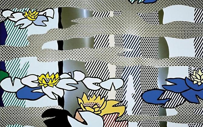 Water Lily Pond with Reflections, 1992.
Screenprint enamel on processed and swirled steel, 58 x 84 1/2 inches.