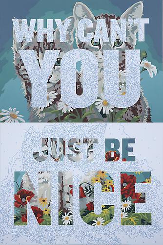 Why Can't You Just Be Nice, 2010.
Acrylic paint and archival pigment on canvas, 72 x 48 inches.