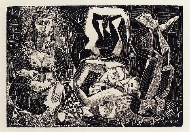  Women of Algiers, 2nd Variation (M. 266; not in B.) ,
9 1/8 x 13 1/4 inches (23.2 x 33.7 cm), Three lithographs on Arches paper, 1955