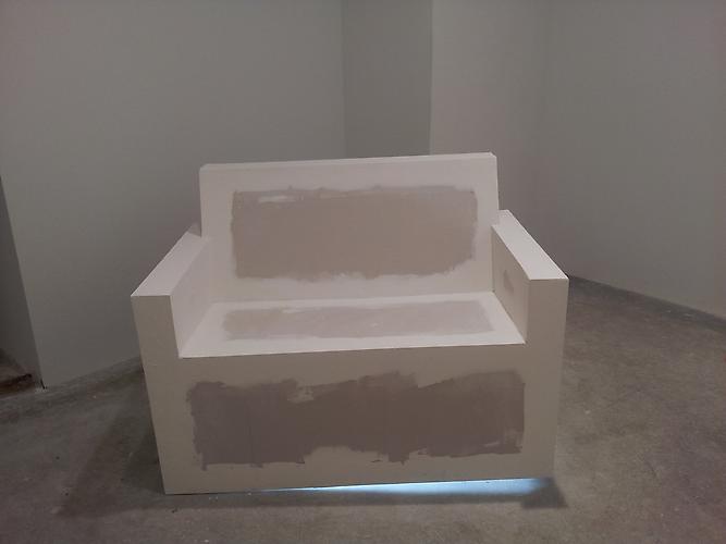 Don Edler
 It's a Trap!  2012
Drywall, drywall plaster, plywood, fluorescent light and scale
48 x 32 x 38 inches