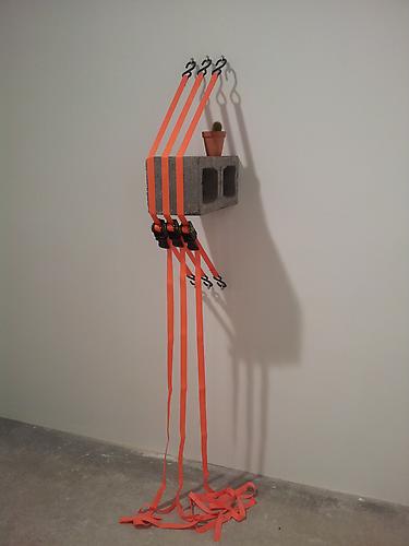 Don Edler
 Save the Future from the Past , 2012
Concrete Masonry unit, ratchet straps, eyehooks and plant
8 x 18 x 84 inches