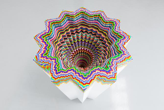 Cosmic Distortion, 2012
Hand-cut acid-free paper, glue, wood, foam board
22.5 x 22.5 x 36.5 in