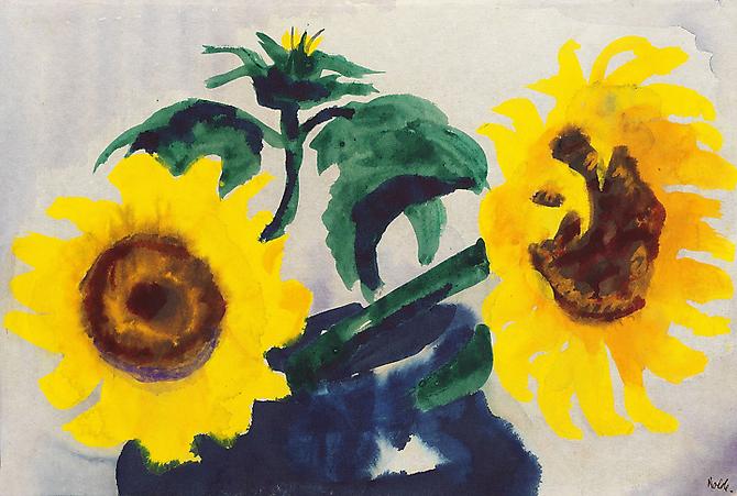 Emil Nolde, Sunflowers in a Blue Vase, 1930.
Watercolor on Japan paper, 13 5/8 x 20 1/8 inches.