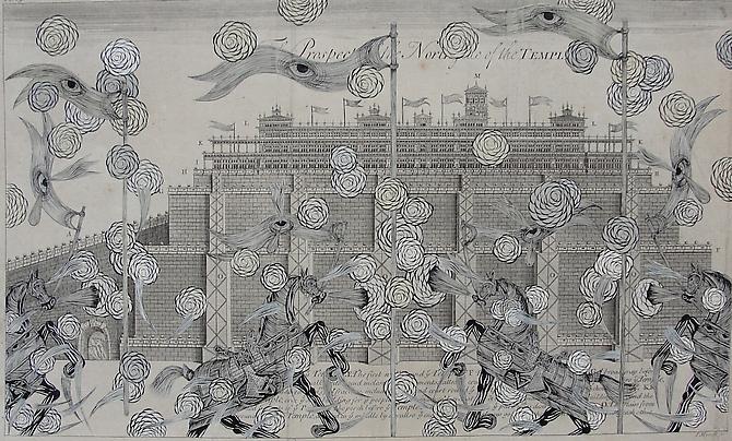 Andrew Schoultz, Revisiting The Prospect of the North (1722-2011)
Acrylic On Antique Copper Plate Etching
10.5h x 18w in (26.67h x 45.72w cm)