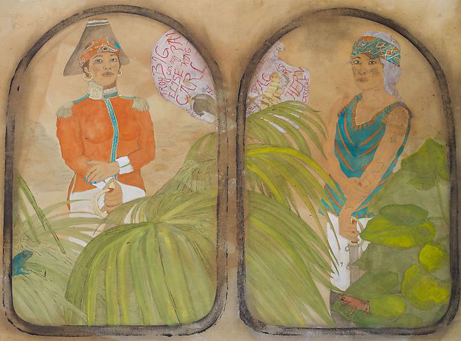 All We Want Is Already Ours (The Guyana Girls, Beertje and Geertje Santo Domingo 1793 (2012)
Acrylic, Ink, Coffee, Tea On Paper
52h x 44w in (132.08h x 111.76w cm)