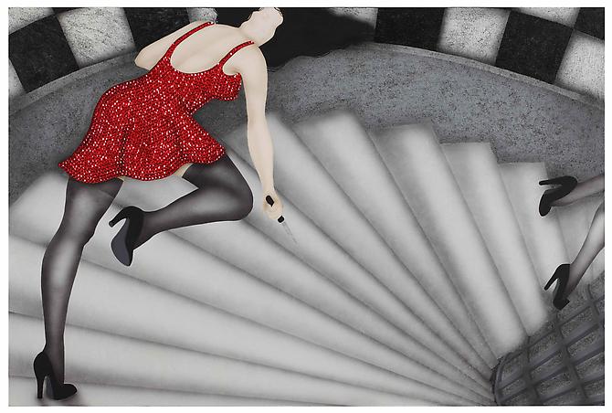 Woman in Red   2010
Mixed media, acrylic and embroidery with sequins and beads on canvas
39.4 x 59 in / 100 x 150 cm