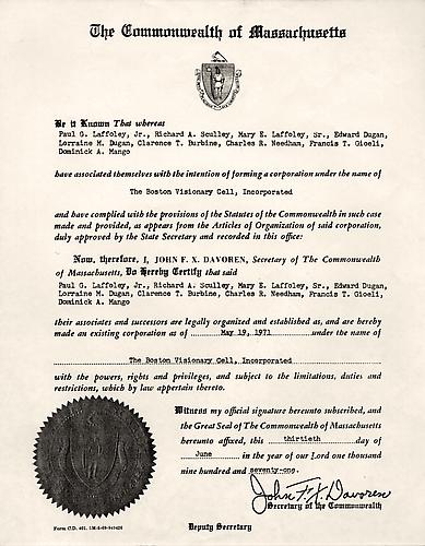The Commonwealth of Massachusetts Certificate of Incorporation
June 13, 1971
Offset print