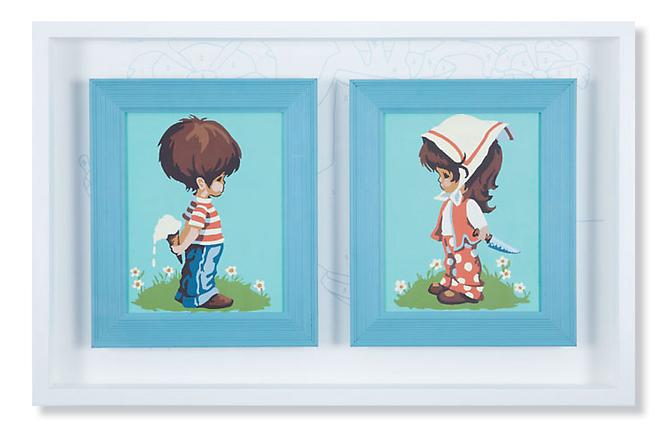 Hey You! (Let's Share), 2011.
Acrylic on vintage paint-by-number panels with hand silk screened wallpaper, 18 x 28 inches.