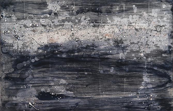 Nancy Lorenz, Night Sky II (2012)
Burnished Silver Leaf, Mother Of Pearl Inlay, Pigment On Panel
22h x 34w in (55.88h x 86.36w cm)