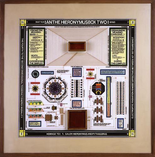 ANTHE HIERONYMUSBOXTWO, 1999-2003
Serigraph inks, aluminum, gold and copper wire, mahogany, blood, glass
No. 5 from and edition of 6, 25 x 25 x 3 in.
 Price upon request 