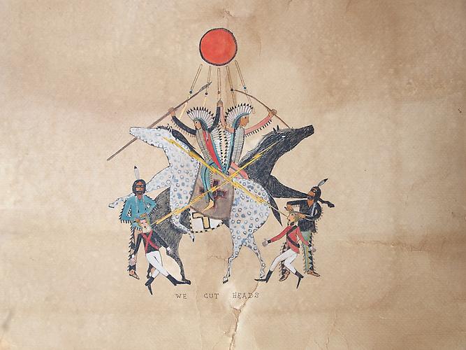 Frohawk Two Feathers, We Cut Heads (2012)
Acrylic, Ink, Coffee, Tea On Paper
16h x 20w in (40.64h x 50.8w cm)