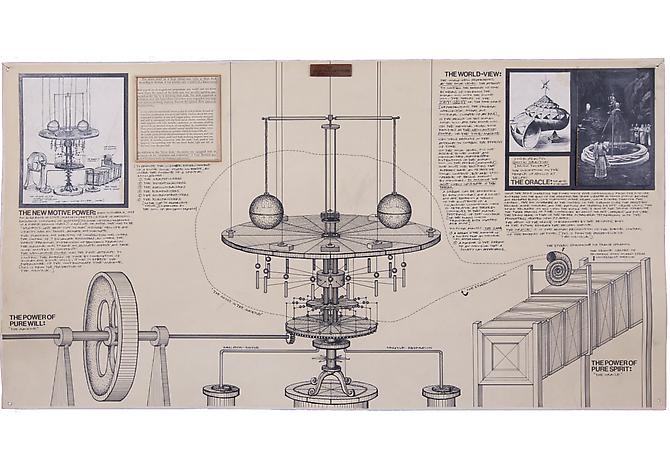 THE NEW MOTIVE POWER OF SPIRIT-WILL, 1975
Ink, collage, balsa wood, and vinyl lettering on board, 18 ¾ x 36 in.
 Price upon request 