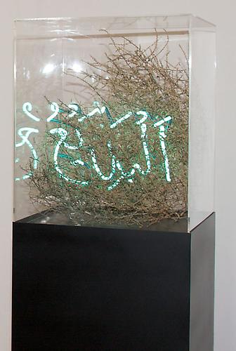 Shezad Dawood
Al Badi (The Originator)   2008
Acrylic, neon lights, tumbleweed
160 x 60 x 70 cm
Courtesy The Third Line, Dubai